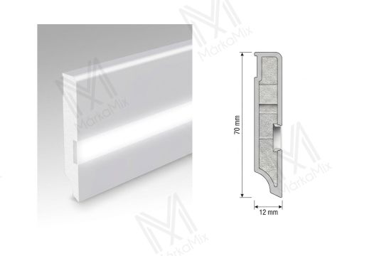 MM DL45 70x12 mm  padlószegély, LED kialakítással,  Fehér RAL9003 színben 2,40 m/ szál